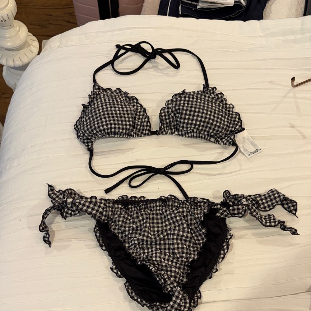 J CREW Black & White Gingham Ruffle Bikini Set